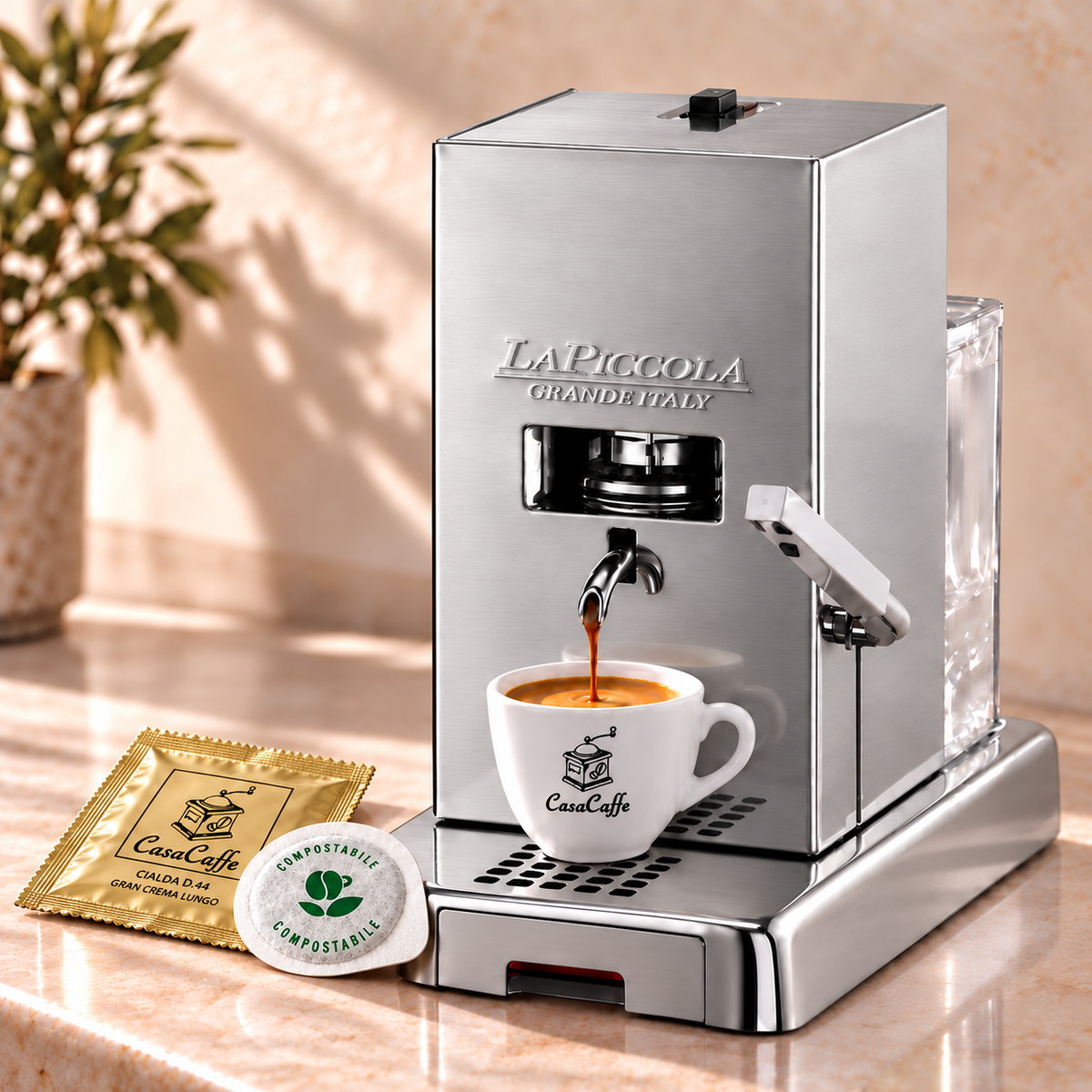 La Piccola Silber-Matt - Kaffeemaschine für Pads E.S.E - inkl. Degu-Set